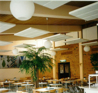 Soft in cage, suspended over a dining hall